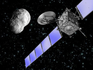 Diese knstlerische Darstellung zeigt, wie die Raumsonde Rosetta im September 2008 am Asteroiden Steins vorbei flog.