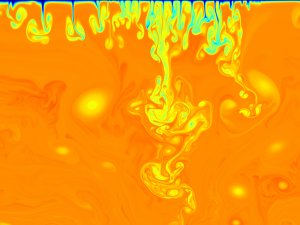 Ein Standbild einer zweidimensionalen Simulationsrechnung von Flssigkeitsstrmungen, die in hnlicher Form im Erdkern vorkommen. Die verschiedenen Farben stehen fr verschiedene Temperaturen der Flssigkeiten (rot = hei und blau = kalt).