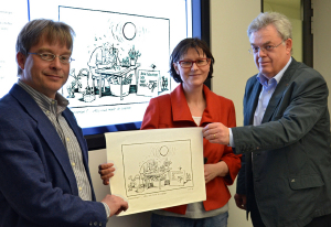 Prsentierten die original Schpper-Karikaturen im Internet: (v.l.n.r.) Jrgen Lenzing, Dezernat Historische Bestnde der ULB, Dr. Beate Trger, Direktorin der ULB, und Dr. Klaus Hilgemann