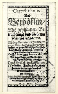 Titelblatt des mnsterschen Drucks "Catechismus und Betboeklin" von 1596