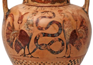 Zwei Hhne rahmen eine Schlange (Vorratsgef/Amphore aus Korinth, nach 550 v. Chr.)