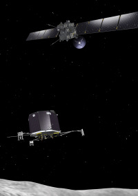 Die Raumsonde Rosetta setzt das Landegert "Philae" ber dem Kometen ab (knstlerische Darstellung).