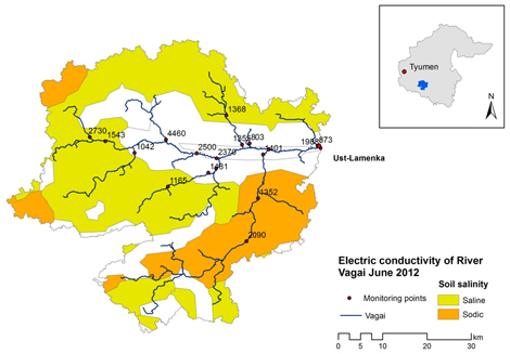 Abb. 3: Gemessene elektrische Leitfähigkeit im Vagai-Einzugsgebiet im Juni 2012.
