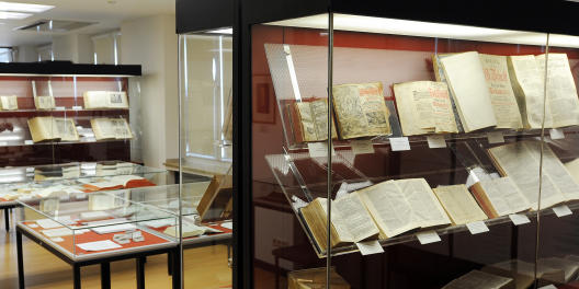 Display cases filled with historical Bibles