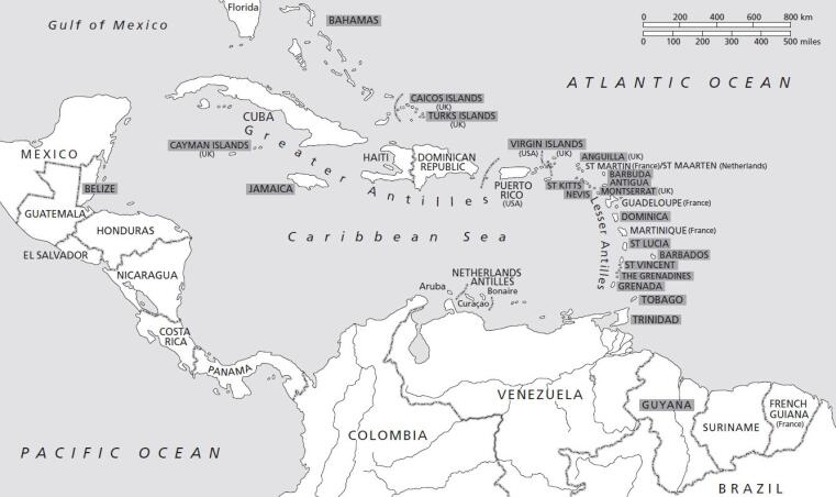 Map of the anglophone Caribbean  (taken from: Deuber, D. (2014). English in the Caribbean: Variation, Style and Standards in Jamaica and Trinidad. Cambridge, England: Cambridge University Press.; reproduced with permission of Cambridge University Press)