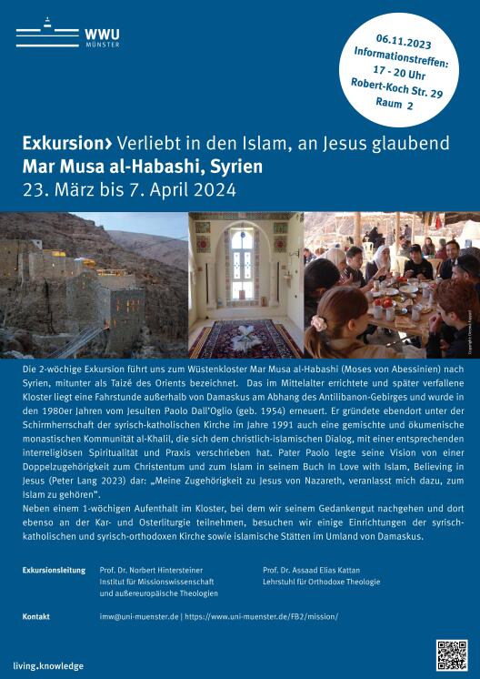 Poster for Excursion containing the information below and three pictures: View of the monastery, picture of a bright prayer room with an open book, group of young students eating together.