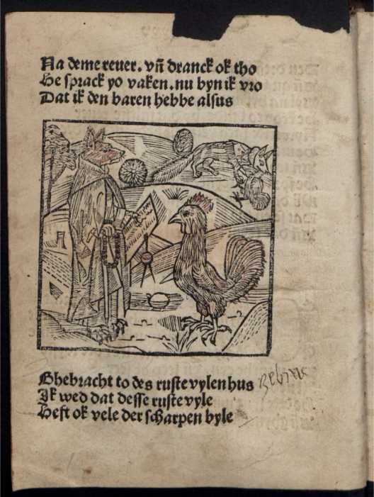 Abbildung aus dem Druck "Reynke de vos", Lübeck 1498. Staatsbibliothek zu Berlin – Preußischer Kulturbesitz, Signatur 8° Inc 1478. Blatt 35b