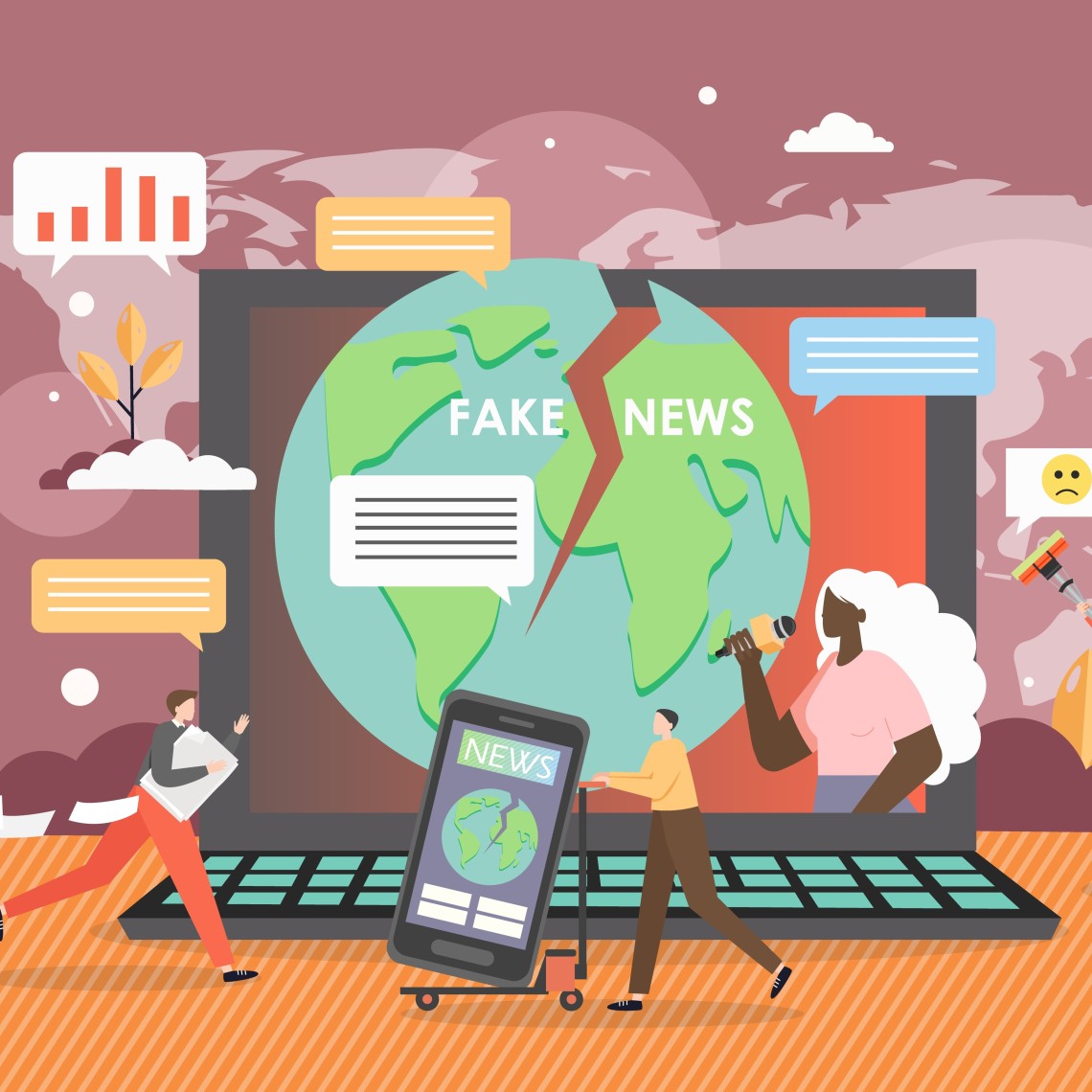 Eine Collage rund um das Wort "Fake News", darunter Hardware, Laptops, eine zerbrochene Erde und verschiedene Figuren. 