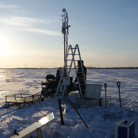 A tower with measuring instruments in wintry Western Siberia.