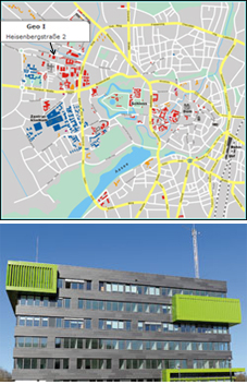 Oben: Lageplan der Universität Münster; unten: Seitenansicht des GEO 1 Gebäudes