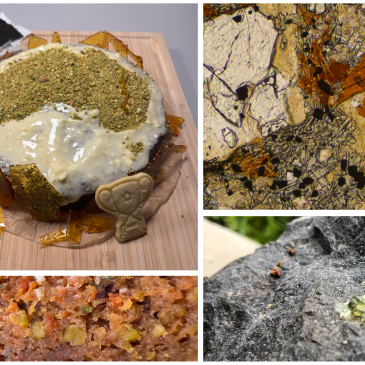 Foto Collage mit Kuchen, Glimmer, Olivin und Gesteinsprobe aus der Studie