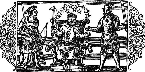 Depiction of the gods Thor, Odin and Frigg in Olaus Magnus' Historia de Gentibus Septentrionalibus
