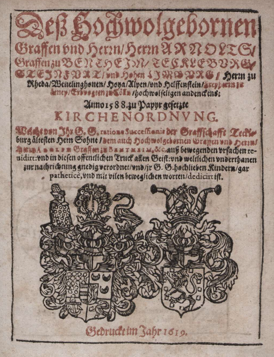 Deckblatt der Kirchenordnung für die Grafschaften Bentheim, Steinfurt, Tecklenburg und Limburg von 1588