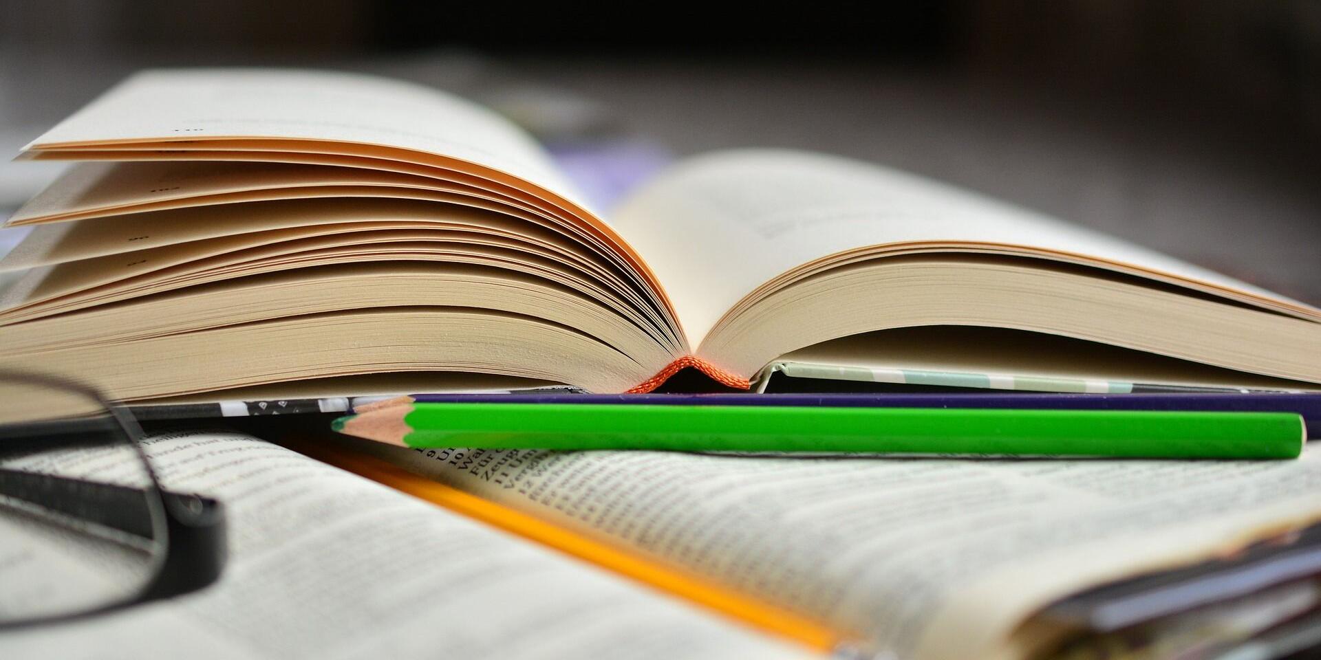 Ein aufgeschlagenes Buch, auf dem ein weiteres aufgeschlagendes Buch liegt, davor ist ein Bleistift, links am Rand ist ein Stück einer Brille zu sehen.