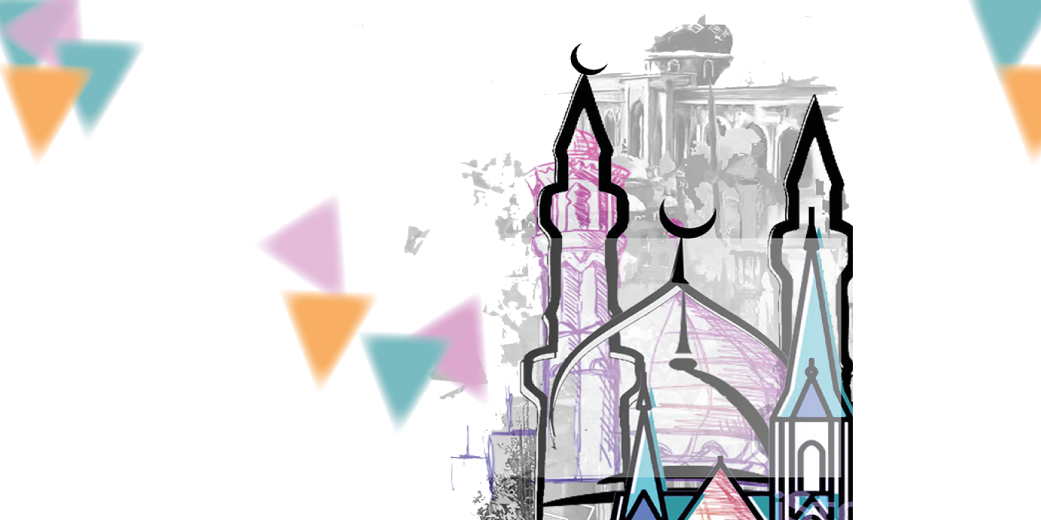 Silhouette einer Moschee mit bunten Dreiecken und Punkten darum herum