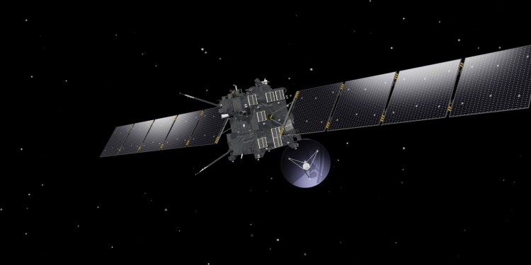 Die Raumsonde Rosetta setzt das Landegerät &quot;Philae&quot; über dem Kometen ab (künstlerische Darstellung).<address>© ESA–J. Huart, 2013</address>