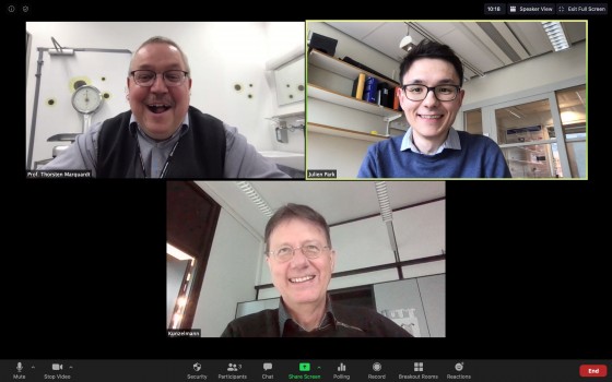 Due to the Covid-19 pandemic, researchers collaborate remotely. However, Prof. Thorsten Marquardt, Dr. Julien Park and Prof. Karl Kunzelmann (clockwise, starting top left) keep up their good spirits.<address>© Screenshot: J. Park</address>