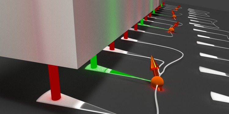 Farbzentren in Nanodiamanten (orange, Pfeil zeigt Spin-Richtung an) werden über nanophotonische Wellenleiter auf einem Silizium-Chip (dunkelgrau) mit einem Laser optisch angeregt (grün) und emittieren einzelne Photonen (rot), die ebenfalls über Wellenleiter (hellgrau) einer Anordnung optischer Fasern (links) zugeführt werden.<address>© P. Schrinner/AG Schuck</address>
