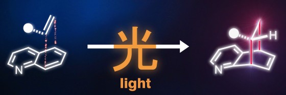 A flat molecule containing nitrogen is turned into a three-dimensional molecule through photochemical synthesis (illustration). The Chinese character on the arrow means "light".<address>© Peter Bellotti</address>