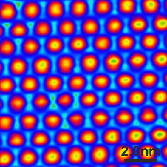 A high-resolution scanning tunneling microscopy image of the ordered NHC single layer on silicon; NHC stands for "N-heterocyclic carbenes".<address>© Dr. Martin Franz</address>