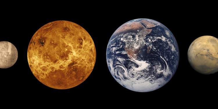 Die vier terrestrischen Planeten: Merkur, Venus, Erde und Mars.<address>© NASA/Lunar and Planetary Institute</address>