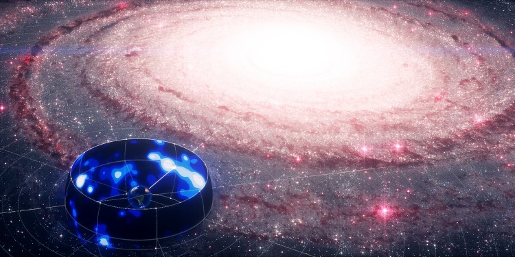 The illustration shows the neutrino signal (blue band with the Earth in the centre) in front of an artistic representation of the Milky Way in visible light.<address>© IceCube Collaboration/Science Communication Lab for CRC 1491</address>