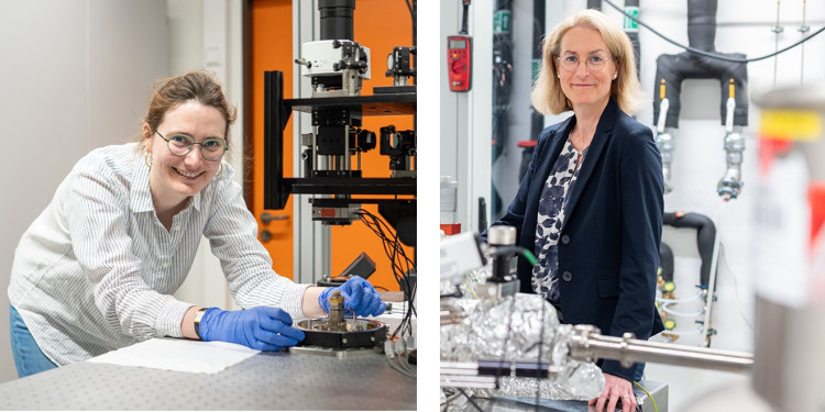 Zwei Einzelporträts, aufgenommen jeweils im Labor: Dr. Emeline Nysten (links) und Prof. Dr. Anika Schlenhoff<address>© Uni MS - Johannes Wulf</address>