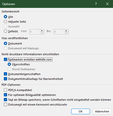 PDF-Export, Optionen