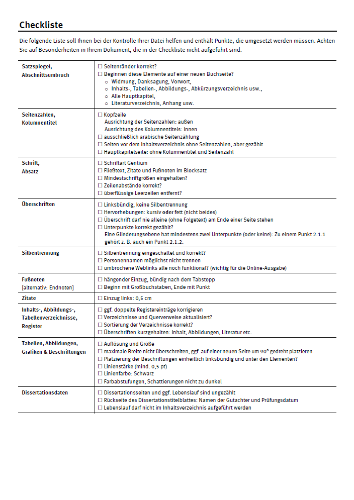 Checkliste Formatierung der Reihe "Schriften aus dem Haus der Niederlande"