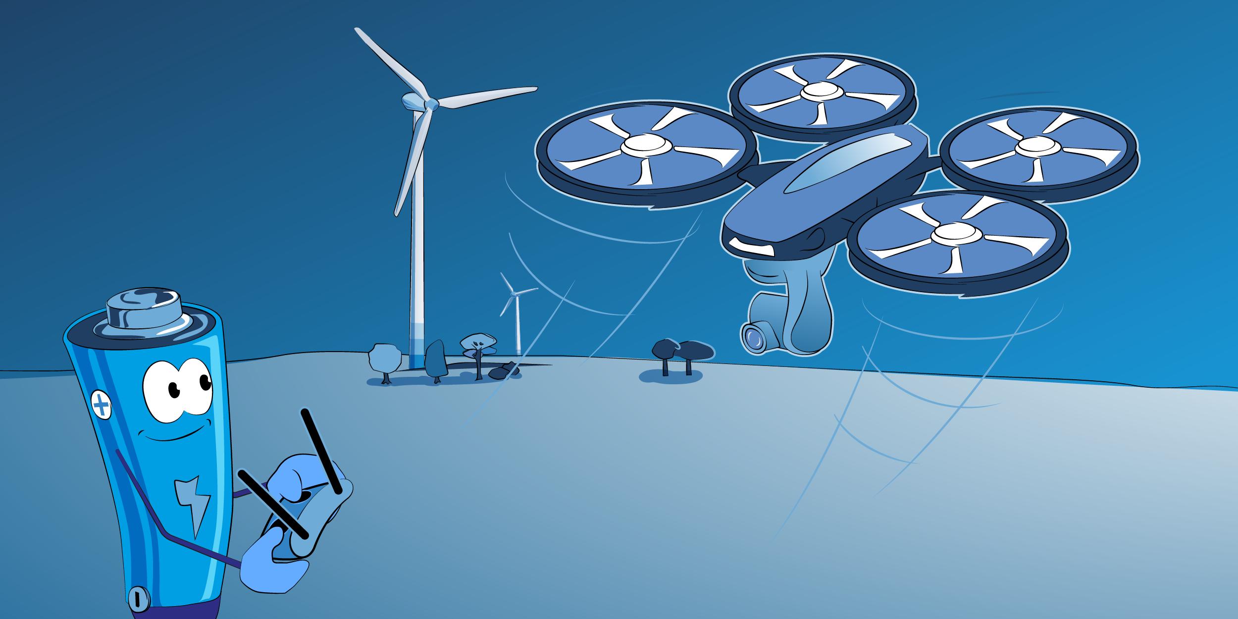 Grafik einer Batterie, die eine Drohne steuert.
