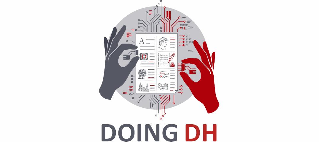 Logo von Doing DH: Zwei Hände – eine graue, eine rote – stöpseln Stecker in ein Dokument mit geisteswissenschaftlichen Symbolen, umgeben von Leiterbahnen und einem hellen Kreis im Hintergrund. Darunter: der Schriftzug „DOING DH".