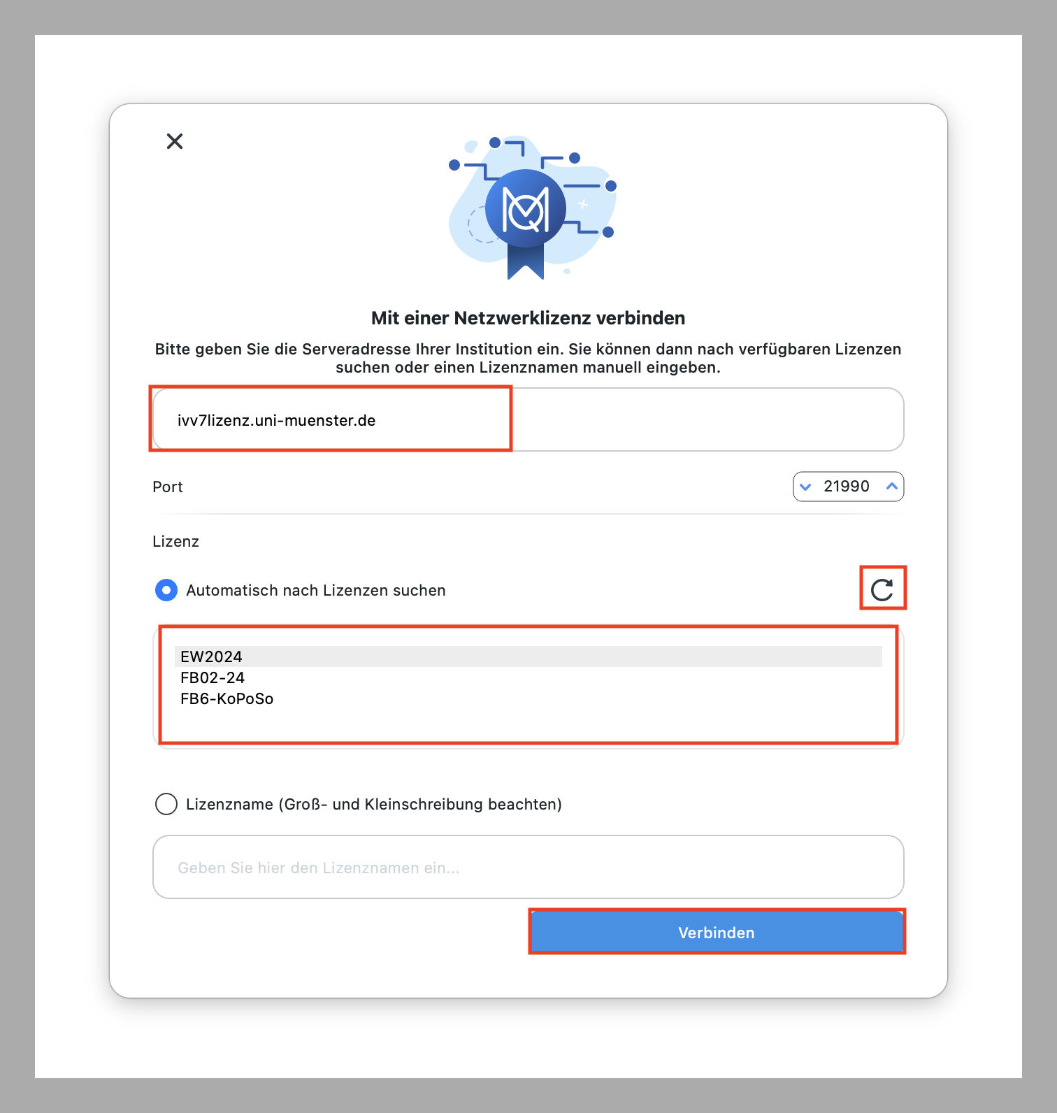 2. Lizenzserver eintragen und Lizenz auswählen