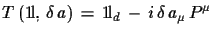 $\displaystyle T\,({\rm 1\!l},\,\delta\,a)\,=\,{\rm 1\!l}_{d}\,-\,i\,\delta\,a_{\mu}\, P^{\mu}$