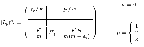 $\displaystyle (L_{p})_{\,\,\,\lambda}^{\kappa}\,=\,\left( \begin{tabular}{c\ve...
...u\,=\,\left\{ \begin{array}{c} 1\\  2\\  3 \end{array}\right. $ \end{tabular}$