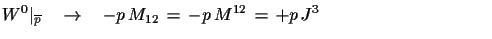 $\displaystyle W^{0}\vert _{\overline{p}}\quad \to\quad -p\,M_{12}\,=\,-p\,M^{12}\,=\, +p\,J^{3}\hspace{3.75cm}$
