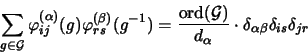 \begin{displaymath}
\sum_{g \in \mathcal{G}}
\varphi^{(\alpha)}_{ij}(g)\varphi^{...
...{d_\alpha} \cdot \delta_{\alpha
\beta} \delta_{is} \delta_{jr}
\end{displaymath}