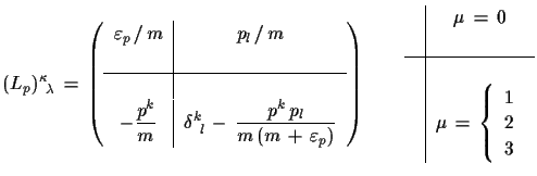 $\displaystyle (L_{p})_{\,\,\,\lambda}^{\kappa}\,=\,\left(
 \begin{tabular}{c\ve...
...u\,=\,\left\{ \begin{array}{c}
 1\\  2\\  3 \end{array}\right. $
 \end{tabular}$