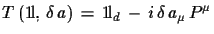 $\displaystyle T\,({\rm 1\!l},\,\delta\,a)\,=\,{\rm 1\!l}_{d}\,-\,i\,\delta\,a_{\mu}\,
 P^{\mu}$