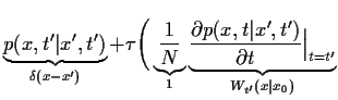 $\displaystyle \underbrace{
p(x,t^\prime\vert x^\prime,t^\prime)
}_{\delta(x-x^\...
...ime,t^\prime)}
{\partial t}\Big\vert _{t=t^\prime}
}_{W_{t^\prime}(x\vert x_0)}$