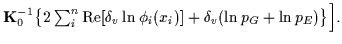 $\textstyle {\bf K}_0^{-1}\big\{
2\sum_i^n {\rm Re} [\delta_{v} \ln\phi_i(x_i)]
+ \delta_{v}(\ln p_G+\ln p_E)\big\}\Big]
.$