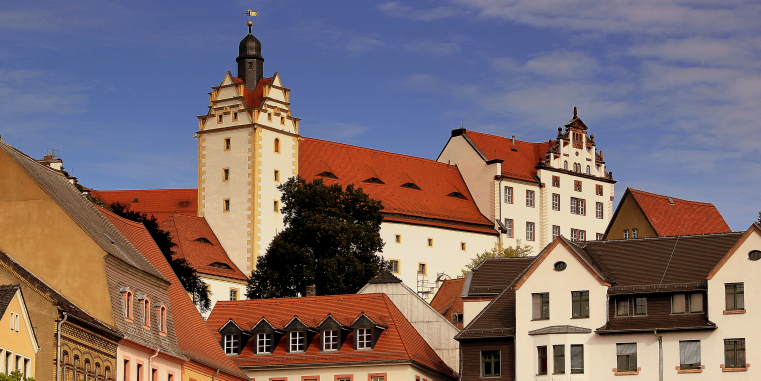 Großes helles Schloss mit hohem Turm und roten Dächern über den Häusern einer Kleinstadt, beleuchtet von warmem Sonnenlicht vor dunklem Himmel.