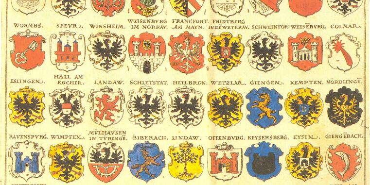 Colored engraving depicting an overview map with coats of arms of various imperial states of the Holy Roman Empire. The coats of arms are of different colors and shapes and show various symbols. The map is labeled with city names such as Cologne and Nuremberg.