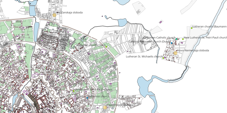 Detail of the plan of Moscow from 1768 in QGIS