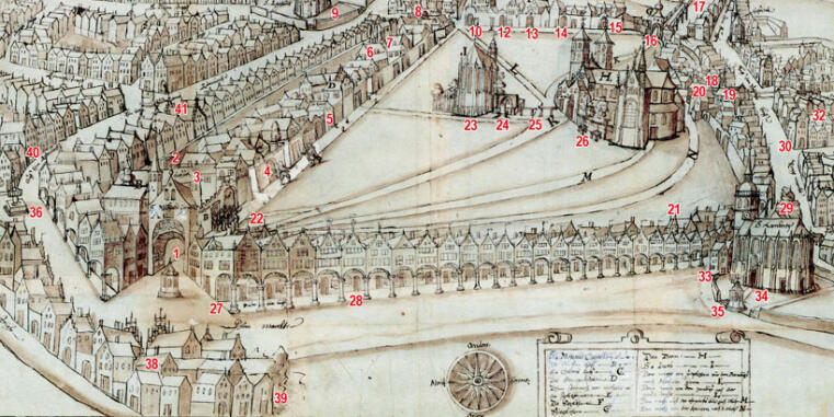 Historic city view in a bird’s-eye drawing, showing numbered buildings, churches, and arcaded rows around a large square.
