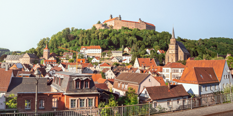 Blick über eine historische Stadt mit roten Dächern auf einen bewaldeten Hügel, auf dessen Spitze eine große Burganlage steht; rechts erhebt sich eine Kirche mit hohem spitzem Turm.