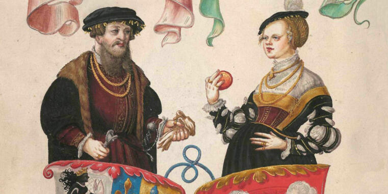 A historical illustration of a noble couple in Renaissance attire. On the left, a bearded man wears a black beret, a fur-trimmed coat, and elaborate gold chains, holding a pair of gloves. On the right, a woman in a dark dress with white puffed sleeves and a high collar holds an apple. In the foreground, two heraldic coats of arms are partially visible, with colorful decorative banners floating in the background.
