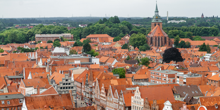 Panoramablick über eine Altstadt mit dicht stehenden Häusern und roten Ziegeldächern; zwischen den Gebäuden erhebt sich eine große Backsteinkirche, dahinter liegt ein breiter Grüngürtel.
