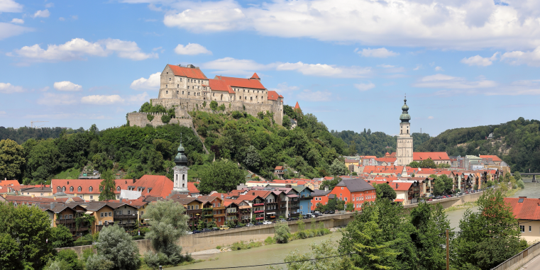 Historische Stadt an einem Fluss mit rotdachigen Häusern, Kirchen und einer großen Burganlage auf einem bewaldeten Hügel unter blauem Himmel mit Wolken.