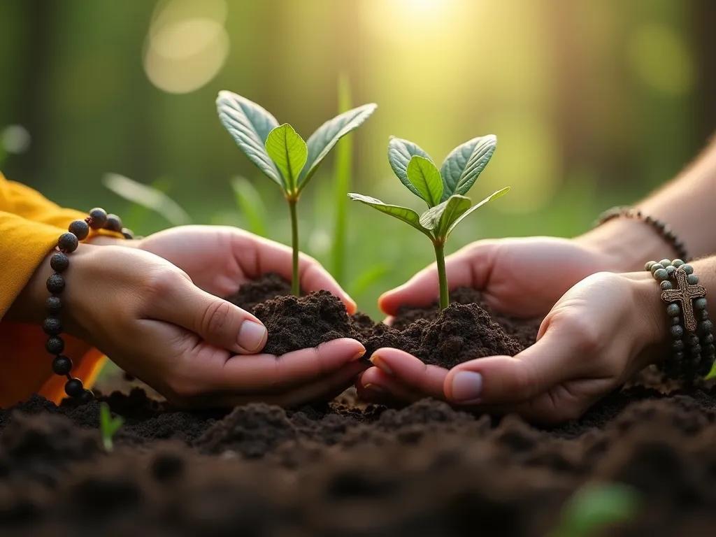 Zwei Paar Hände halten Setzlinge