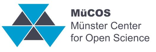 Logo of the Münster Centre for Open Science: Three blue and three smaller black triangles whose tips touch at a point